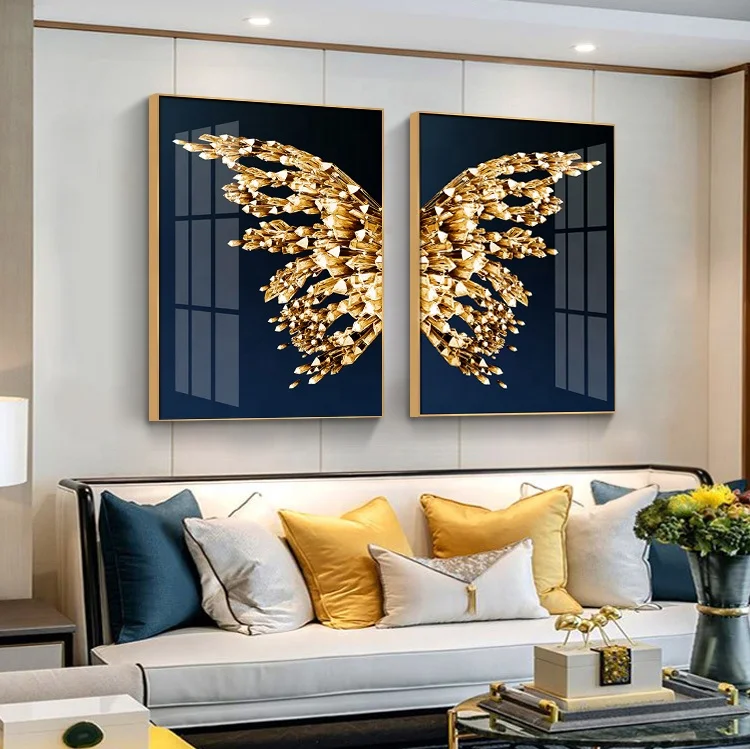 Modern Gold Butterfly Abstract Crystal Porcelain Painting Art Work With Aluminium Metal Framed For Living Room Decor