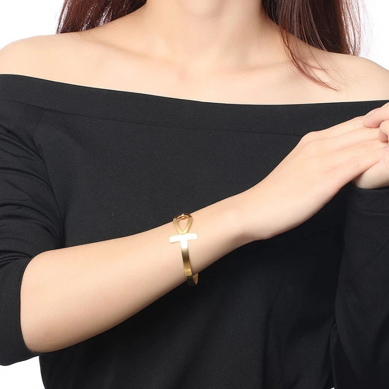 Ankh Cross Bracelet for Women Stainless Steel Key of Life Bangle Bracelet Female Egypt Religious Jewelry