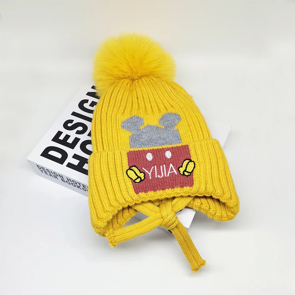 Cute Pom Pom Baby Hat Customized Pattern Children Wool Beanie Caps Ear Flap Toddler Crochet Winter Hats With Drawstring