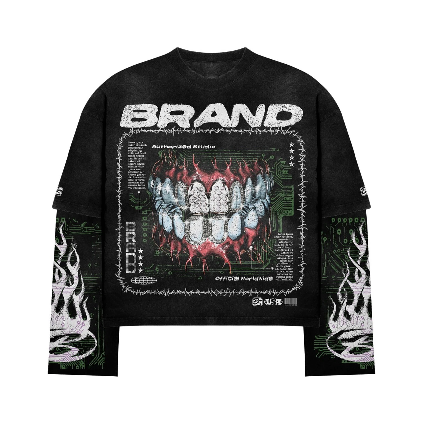 Custom  Cotton Long Sleeve Shirts Aoversized Cid Wash Boxy Cropped  Splicing Double Layer Long Sleeve T-shirt