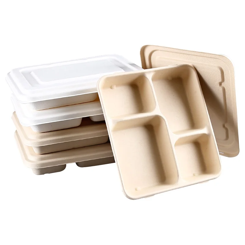4 compartment microwavable disposable bagasse food tray biodegradable for food