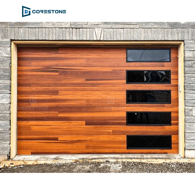 Custom Flush Panel Steel with a Natural Wood-Grain Texture Garage Door and Vertical Windows Contemporary Planks Garage Doors