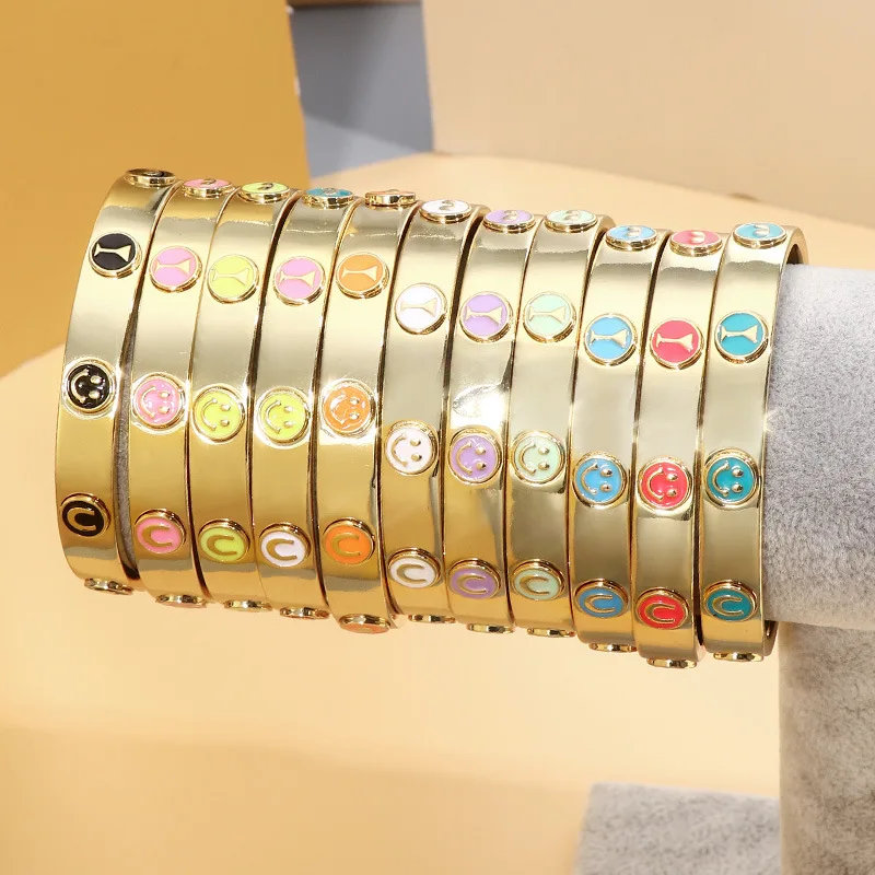 Rainbow Gold Plated Friendship Bracelet Colorful Emojis Bangle Enamel Smile Face Cuff Bangle Bracelet For Women