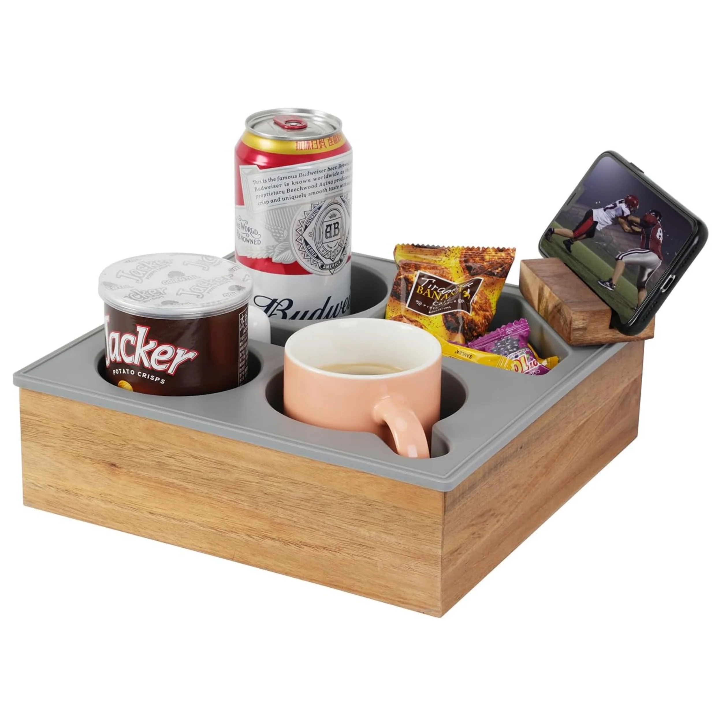 Acacia Wooden Couch Cup Holder Tray Gray Handy Soft Silicone Couch Organizer Waterproof Anti-Spill Couch Drink Holder