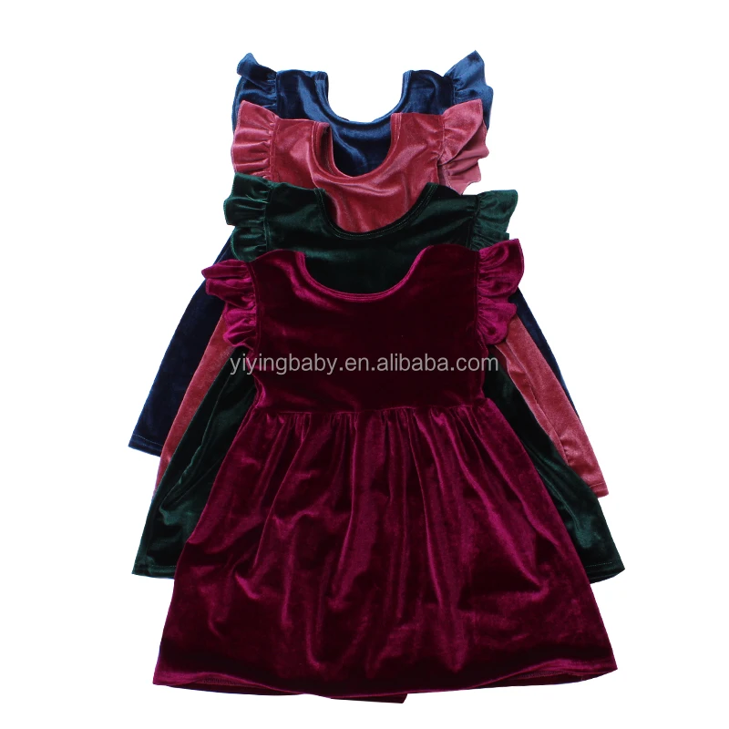 Wholesale high quality velvet  fabric for dress short sleeve  ruffle sleeve baby girls velvet  dresses