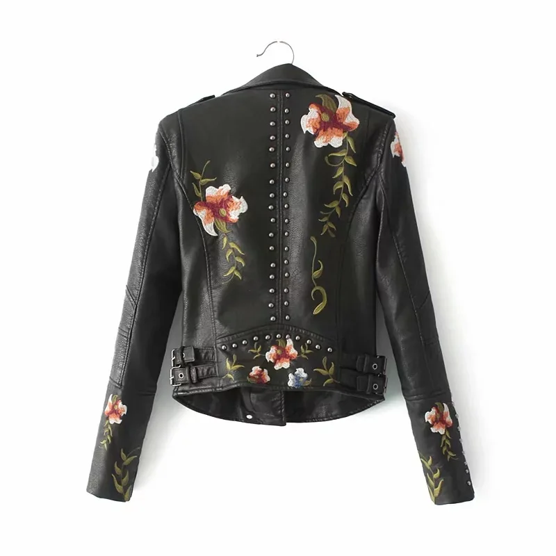 Women PU Faux Leather Outerwear Jackets New Autumn Winter Lady Slim Fit Floral Embroidery Zippers Black Motorcycle Coat