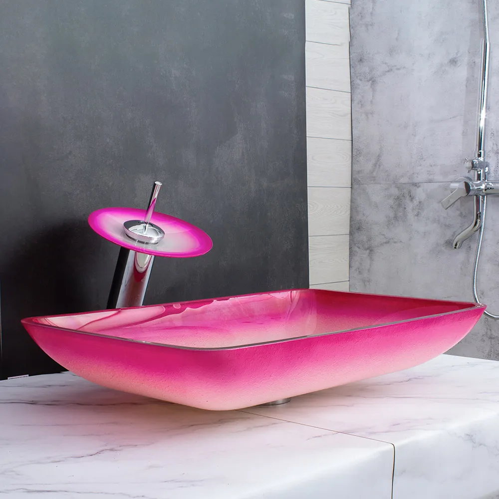 China manufacturer wholesale romantic pink rectangular tempered glass bathroom wash basin vessel sink with waterfall faucet