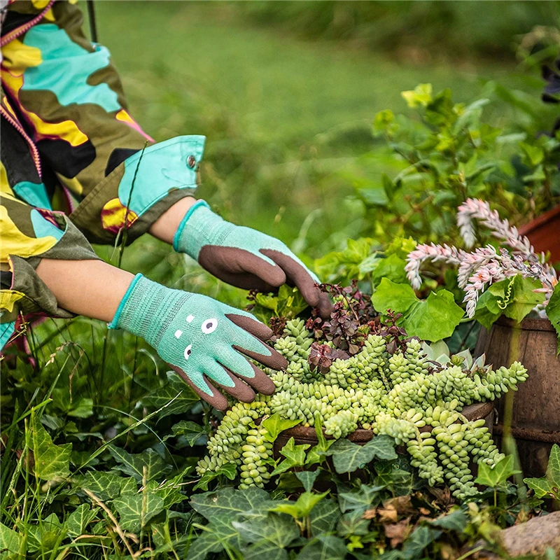 Deliwear custom logo frog print children garden work glove Breathable Foam Rubber Youth Garden Gloves for kids planting