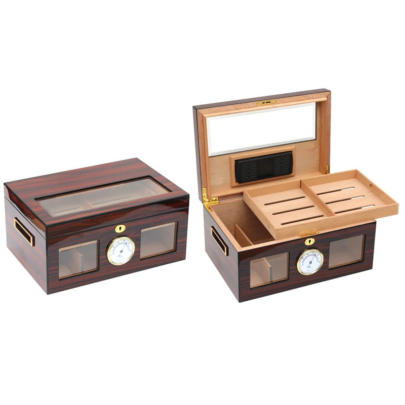 High quality Wooden Cigar Humidor Luxury Tempered Glass four sides and top glasses custom cigar box