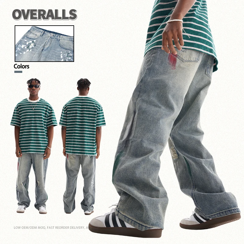 high quality distressed wide leg mens jeans streetwear clothes cargo pants baggy custom denim jeans for men