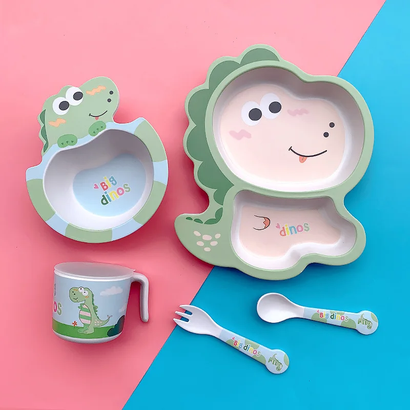 Cute Cartoon Bamboo Fiber ChildrenTableware Home Kindergarten Kids Baby Division Dinner Plate Food Bowl Spoon 5-piece Set