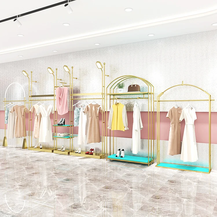 Clothing Store Display Stand Decoration Boutique Clothes Racks Metal Stainless Steel Mirror Gold Clothing Rack with LED Light