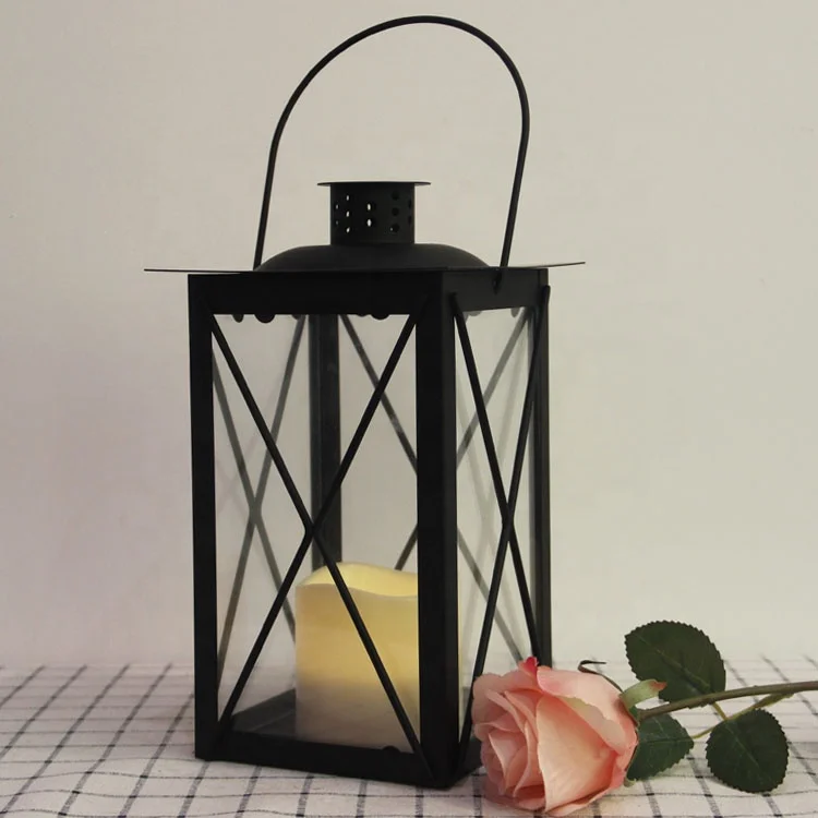 Wedding Decorative Battery Black Candle Holder Outdoor hanging Moroccan Iron Metal LED Lantern with Flameless Candle