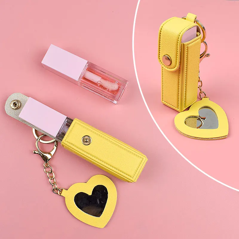 Hot Sell Lipstick holder keychain Mirror PU leather Lip Balm Holder keychain Lipstick Case with Makeup Mirror