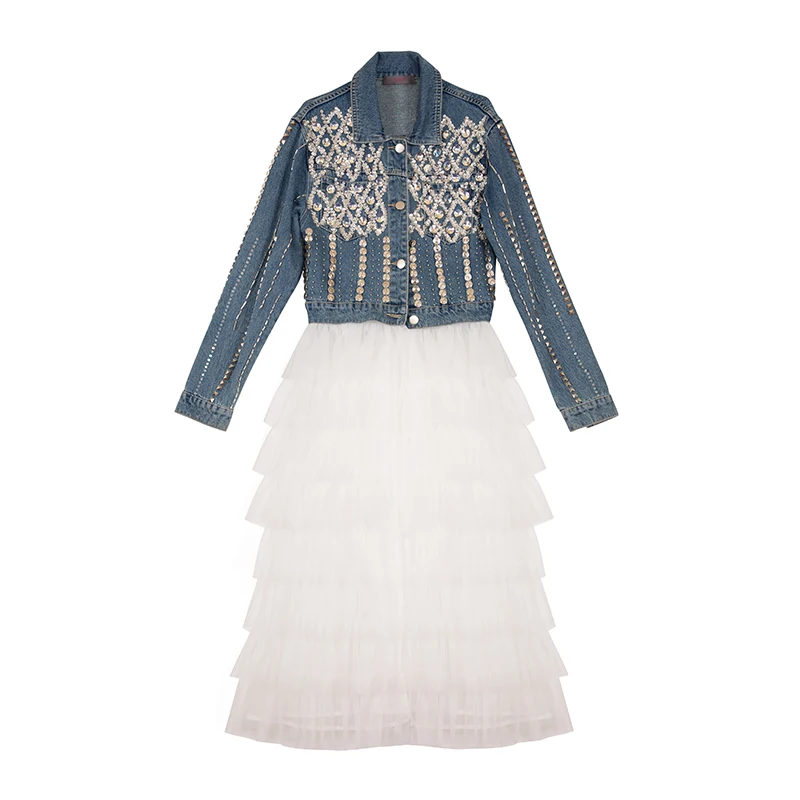 Original Design Spliced Women Dress  Shinny Sequins Crystal Decor Street Wear Rhinestone Decorate Jeans