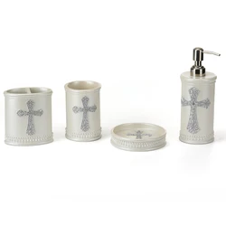 Custom Design Resin Bathroom Set Lotion Dispenser Soap Dish Bathroom Accessories Set White Cross Resin Bathroom Accessories