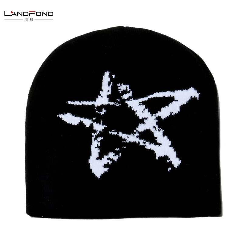 Landfond accessory solid color beanie with color matching star jacquard knitted winter warm beanie hat