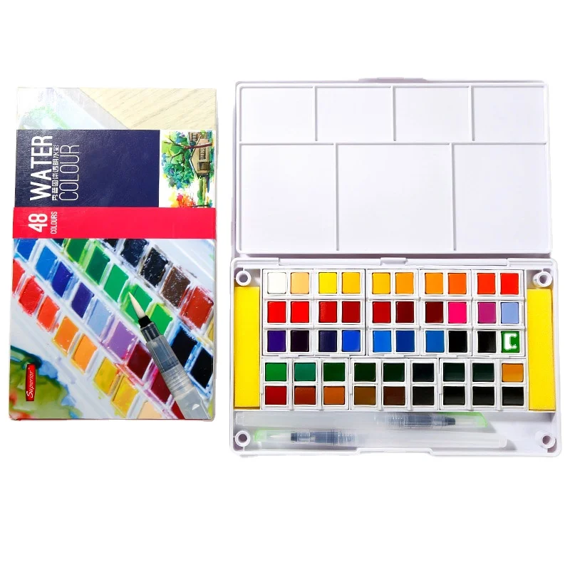 Superior 48 colors solid watercolor paint set  with watercolor brush pen for drawing