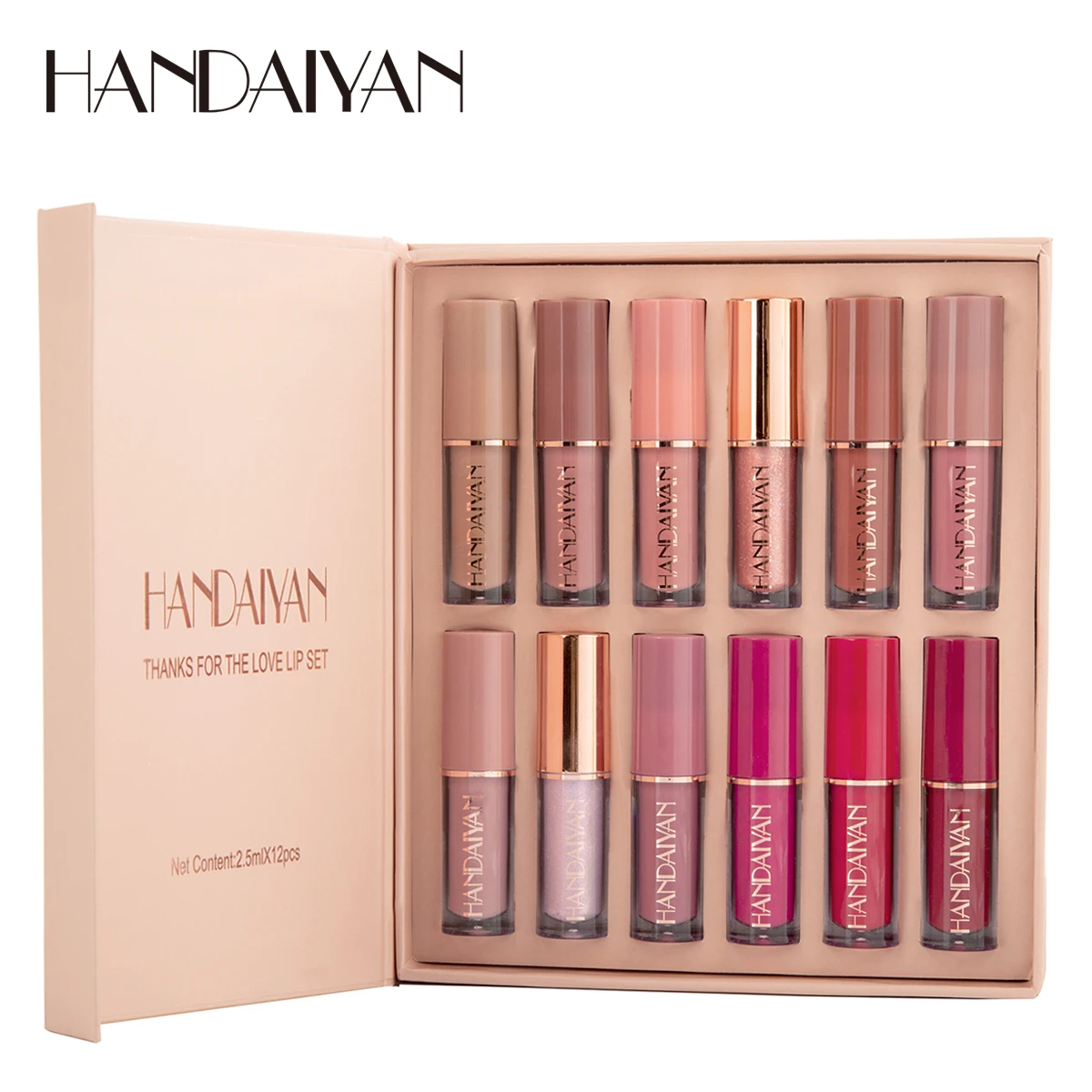 HANDAIYAN 12 Colors Lipgloss Set Matte Shimmer Waterproof Long-lasting Vegan Makeup Cosmetics