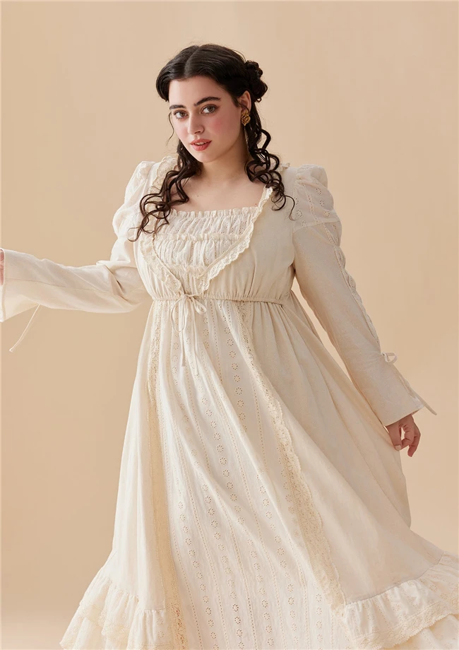 2024 Winter Elegant Fat Women 100% Cotton Ruffle Long Sleeve Lace Plus Size Dress