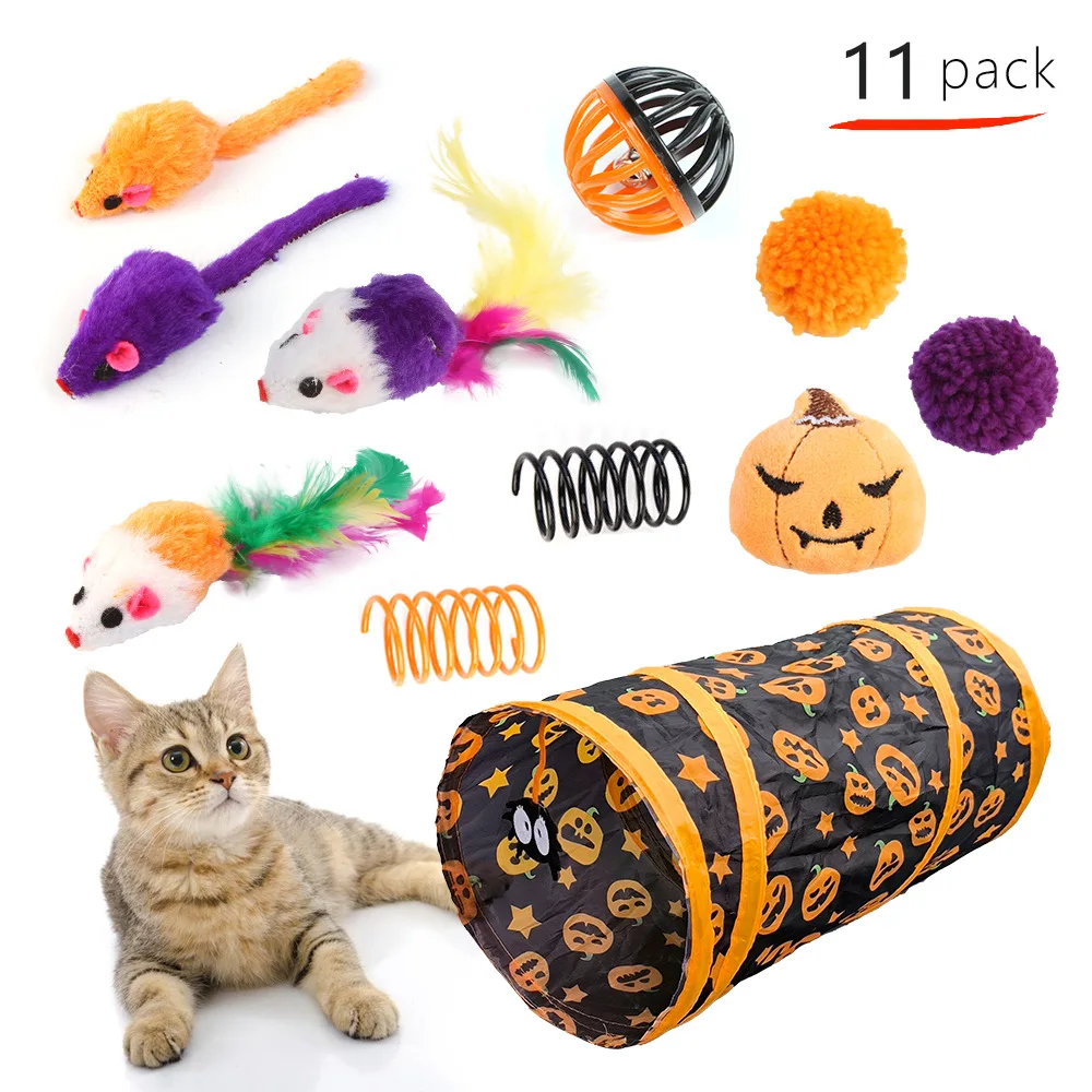 Wholesale Pet Cat Toys Set Luxury Feather Pumpkin Spider Ball Bell Mouse Teaser Interactive Halloween Pet Cat Tunnel Toys Set