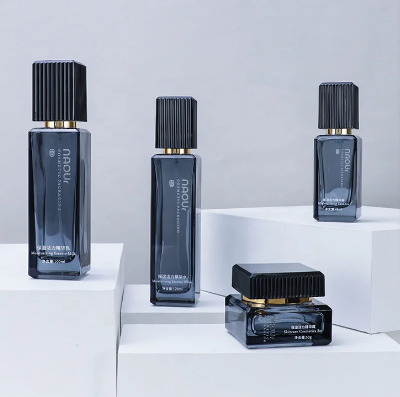 luxury black square new cosmetic glass jars 30g 50g 40ml 100ml 120ml glass pump bottles