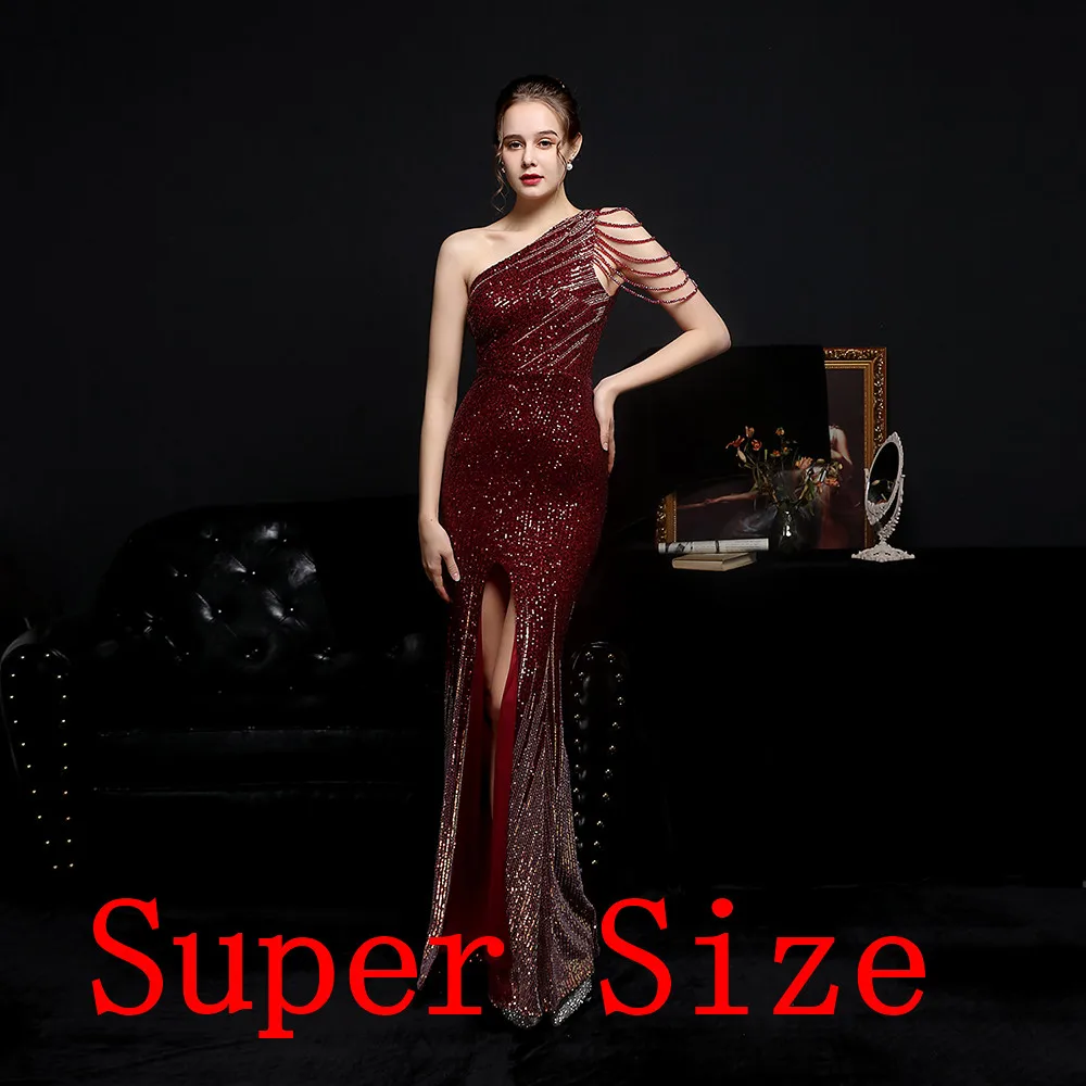 18572-S# One-shoulder Beading Sleeveless Floor-length Red Sexy Printed Tights Party Fat Lady Dress Plus Size Dress Super Size