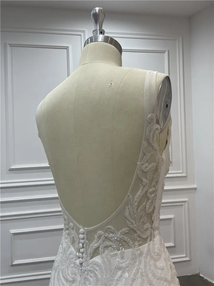 Women Mermaid Sleeveless Chiffon Lace Beaded Plunging V Neck Real Wedding Dress