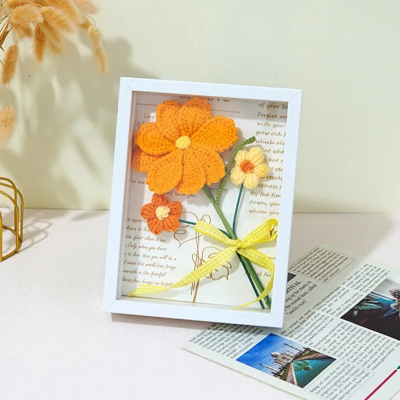 Crochet Flower Bouquets Photo Frame Hand-Knitted Yarns Birthday Wedding Gift Home Decor Desktop Ornament