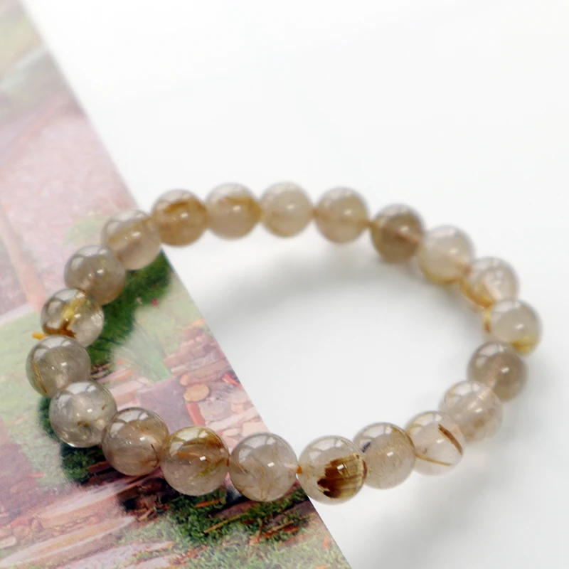 Round Beads Elastic Stretchable Bracelet Rutilated Quartz Crystal Genuine Natural for Men Women 8mm Golden Ball Gemstone Beads -