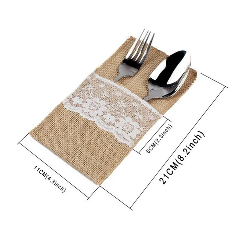 10Pcs Burlap Lace Cutlery Pouch Rustic Wedding Tableware Knife Fork Holder Bag Hessian Jute Table Decoration Accessories