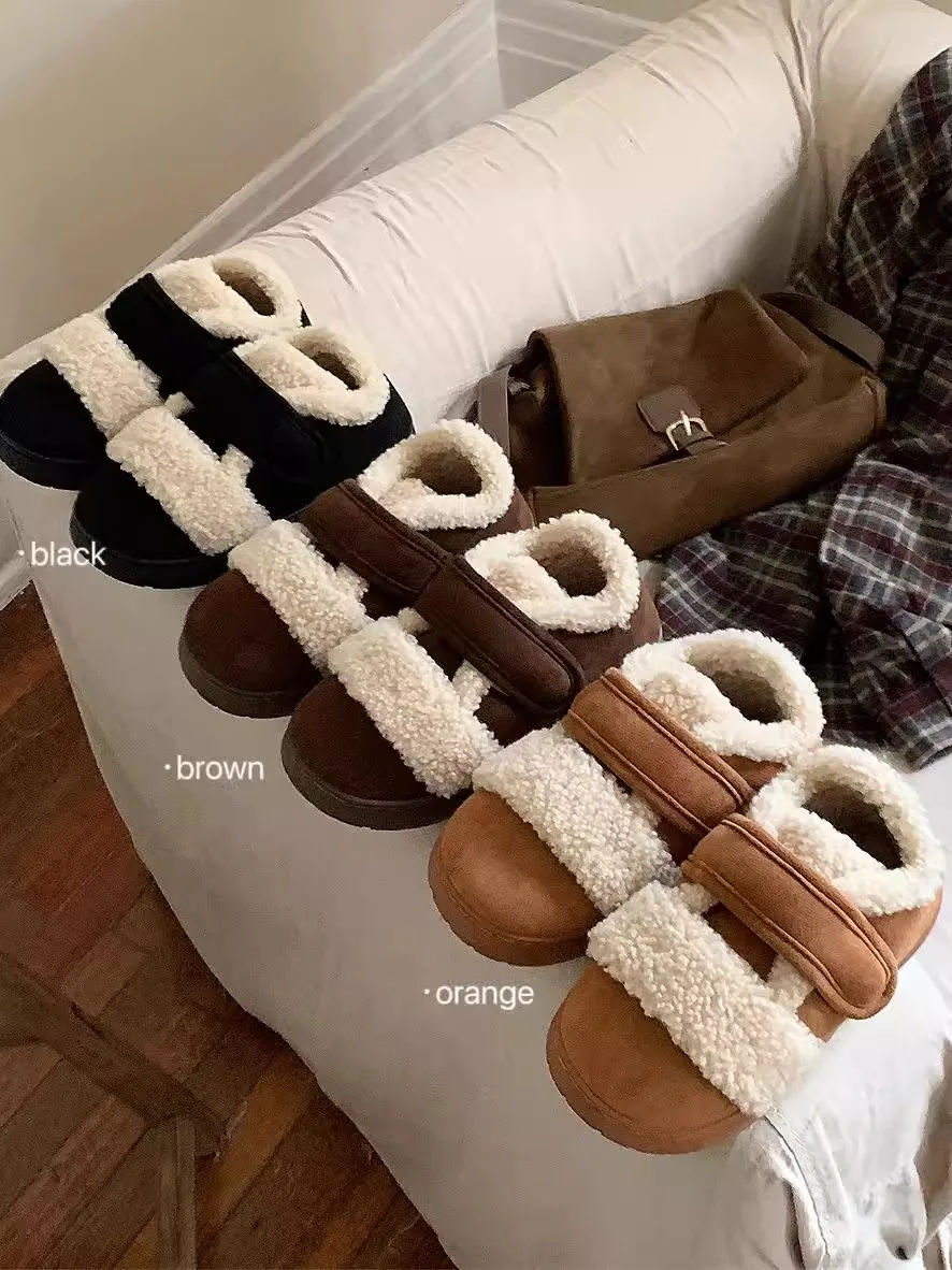 XIXITIAO new Birkenstocks Vintage Velcro women indoor plush indoor sock slippers warm winter home slippers