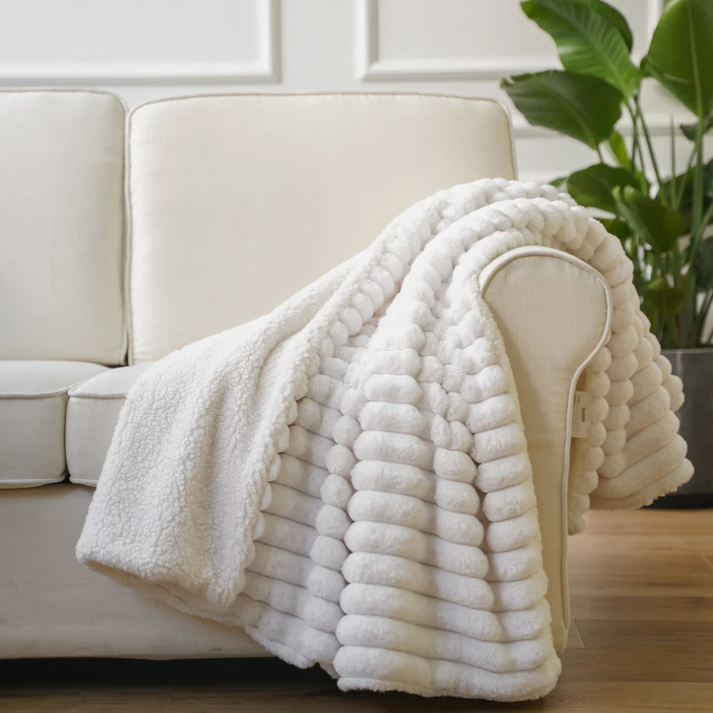 Luxury Warm Reversible Jacquard Striped Faux Fur Minky Sherpa Snow White Throw Blanket Super Soft Fuzzy Fleece Sofa Blanket