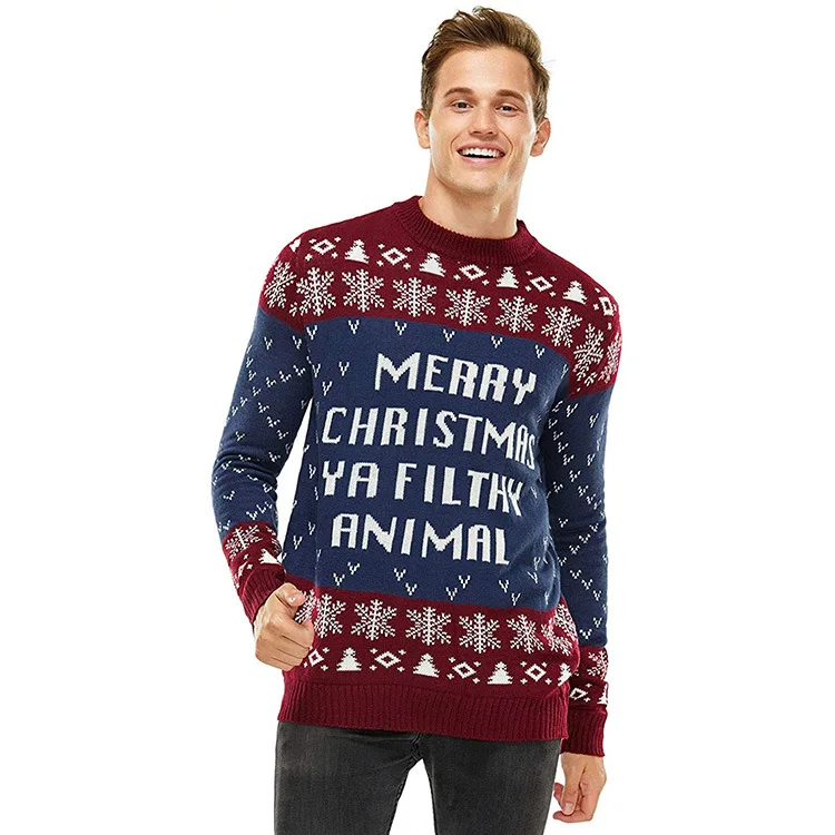 Custom Men and Women Christmas Loose Casual Long Sleeve Round Neck Pullover Animal Pattern Letter Jacquard Knit Sweater