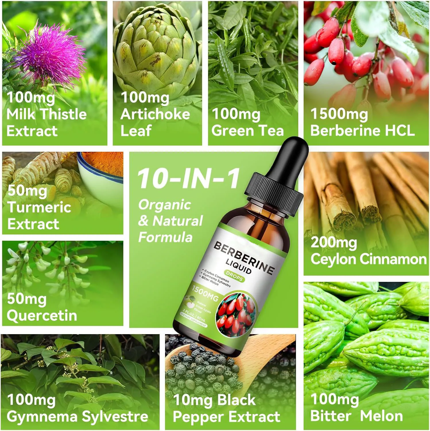 Organic Berberine HCL Liquid Drops Ceylon Cinnamon Quercetin Milk Thistle Turmeric Black Pepper Extract Oral Liquid