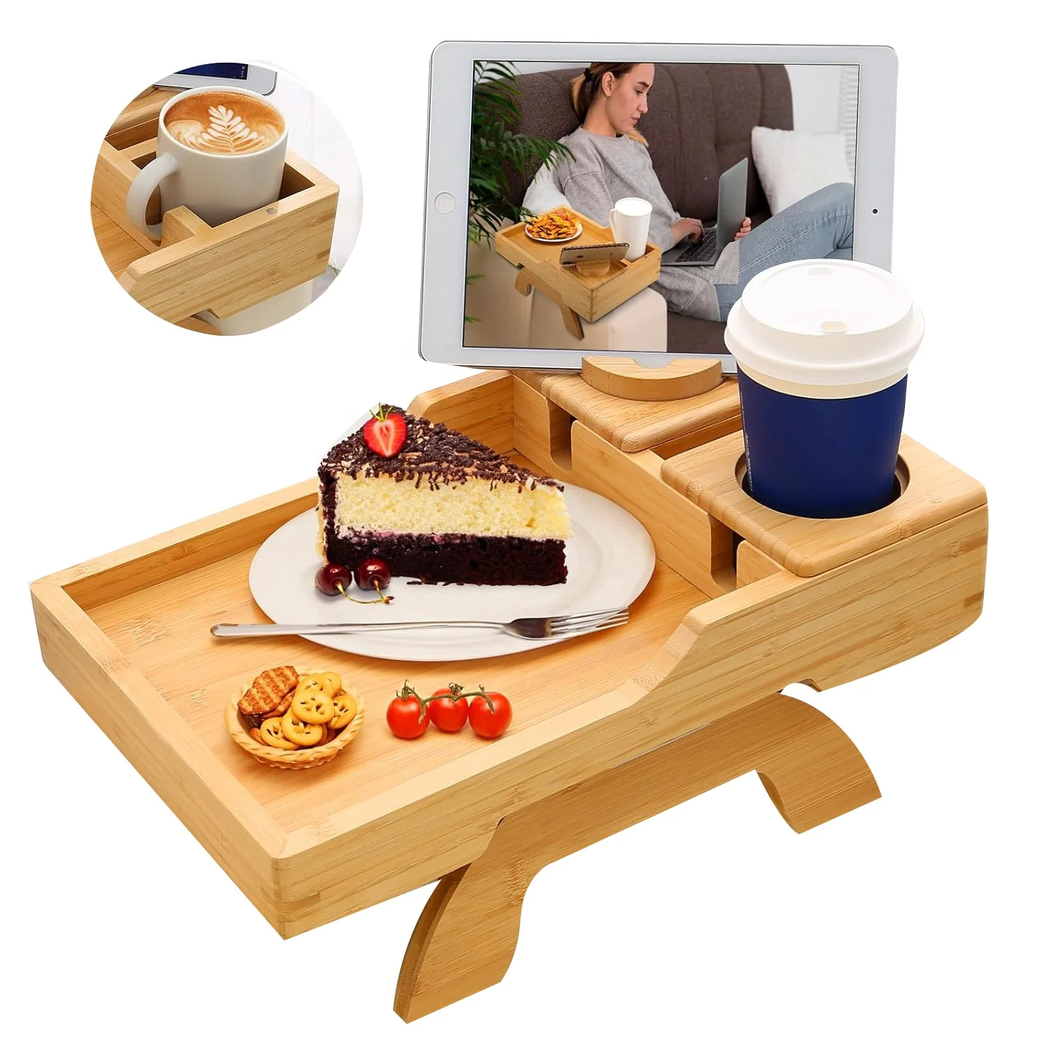 Bamboo Folding Couch Arm Table TV Trays Sofa Snack Table with Rotating Phone Pad Bracket