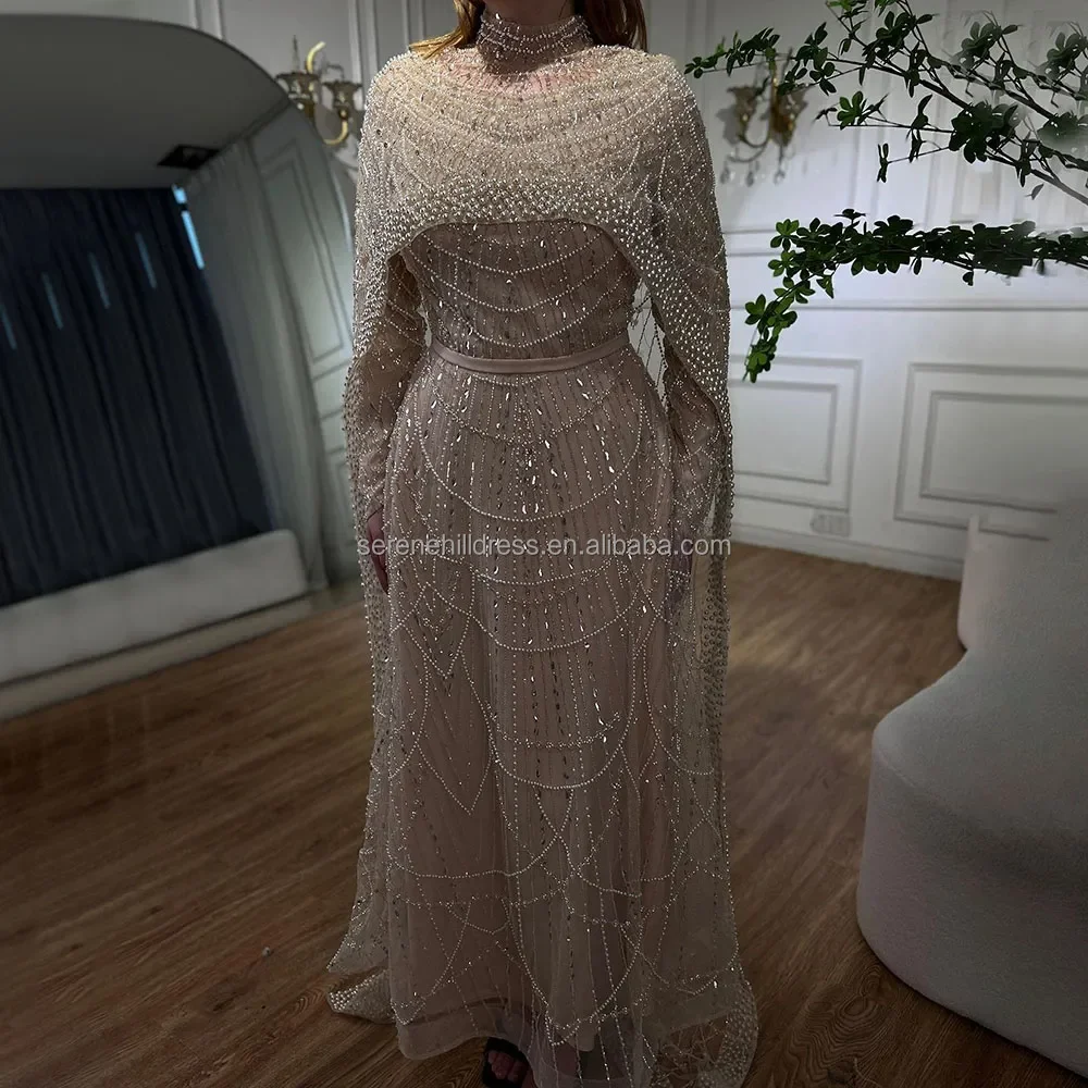 Pink A-Line Long Sleeves Full Covered Muslim Evening Dresses with Cape Serene Hill LA72032B Elegant Party Gowns for Women