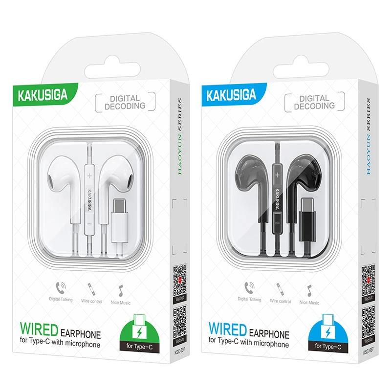 KAKU/KAKUSIGA New arrival Type-C plug Earphone ABS+TPE handfree headphones headsets wired earphone with mic
