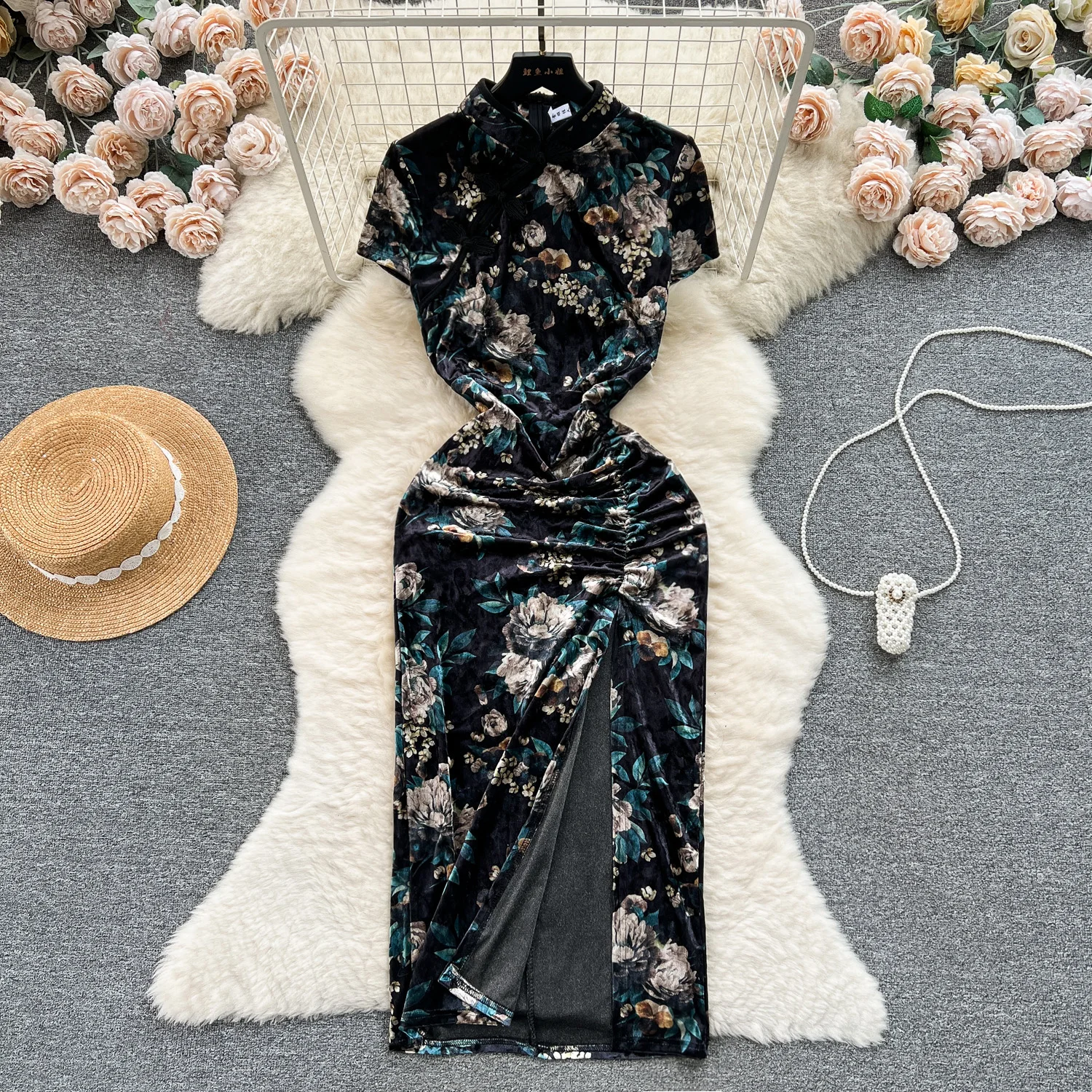 Sexy Mandarin Collar Tunic Slim Hip Midi Dress For Women Empire Printed Lace Dress