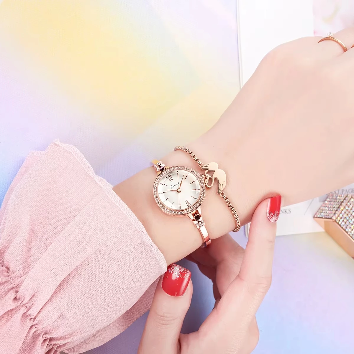 fashion lady brass bracelet hand watch OEM Luxury Stainless Steel quartz watch for woman gift