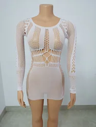 One Size Sexy  Lingerie Women Hollow Out Hole Design See Through Long Sleeve Bodycon  Mini Dress For Nightclub Party Dresses