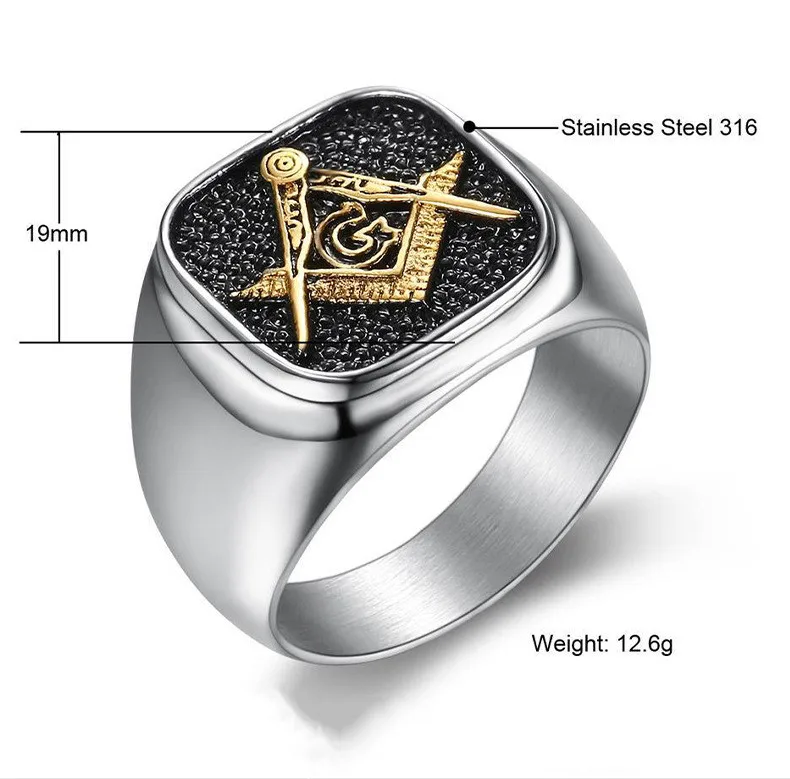 Fine 925 stainless steel gold plated AG masonic freemason rings for men