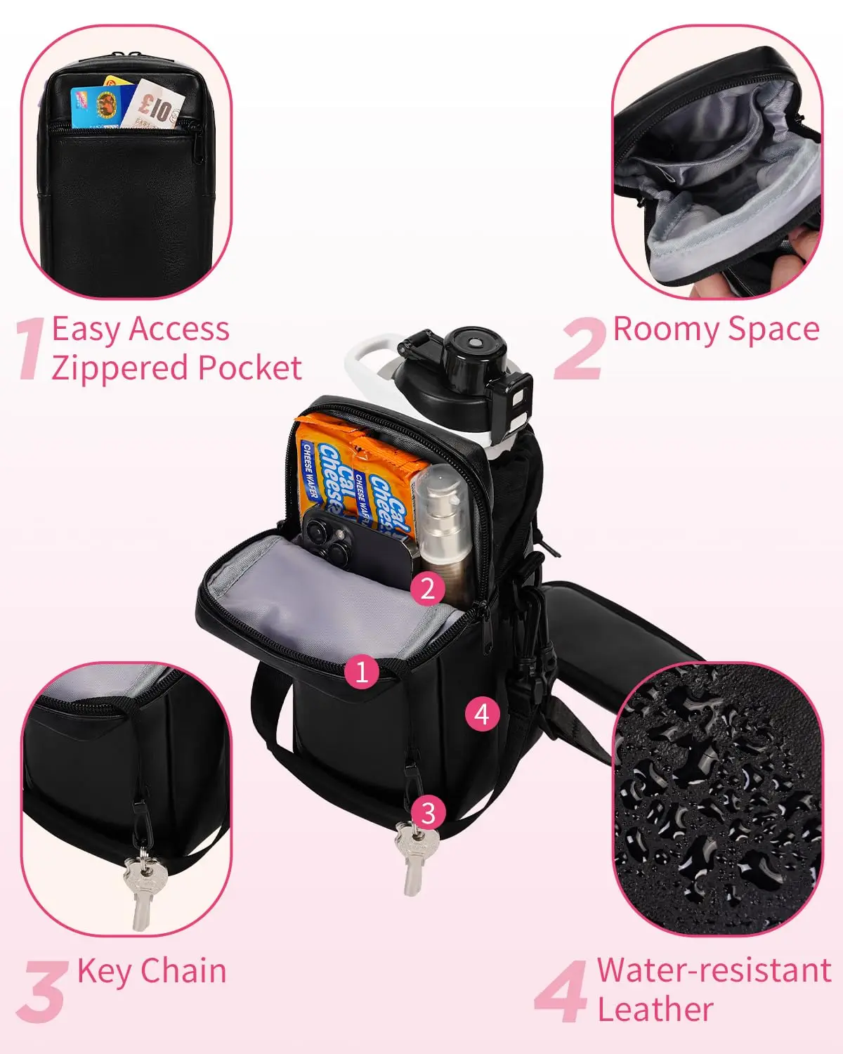 Haoen Water Bottle Holder With Stra Insulated Water Bottle Carrier Sling Bag With Phone Pocket For Hiking Walking