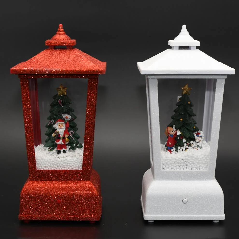 Customized Plastic Indoor Led Lights Musical Christmas Santa Xmas Snowman Tree Decoration snowing Lantern With Snowflake