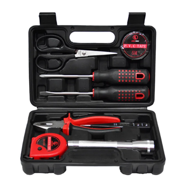 9 PCS Hardware Repair Tool Box Kit Set Auto Harramientas Hammer Tape Measure