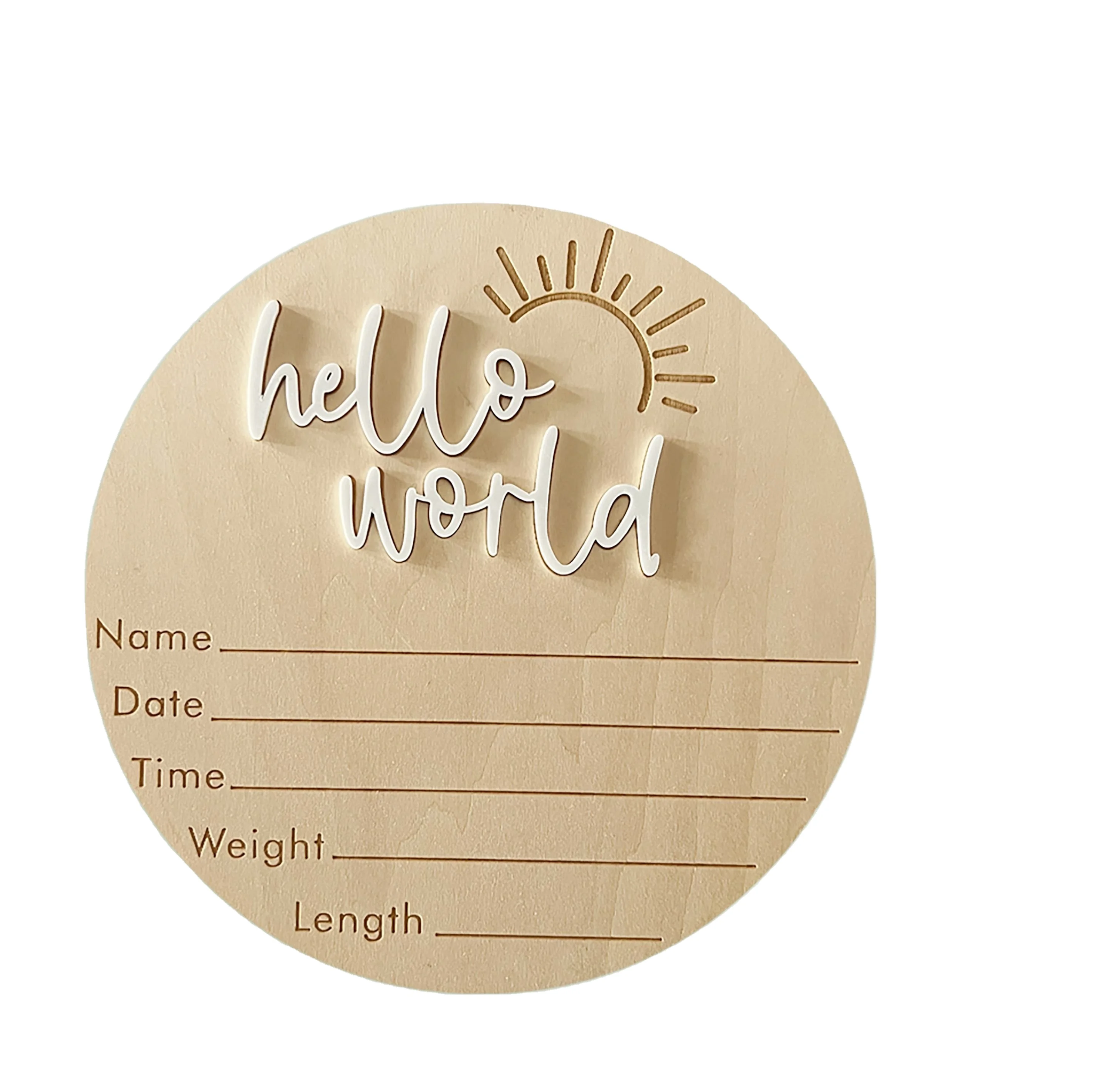 EASYMOM Hello world birth announcement sign modern wooden engraved round plaque baby milestone card