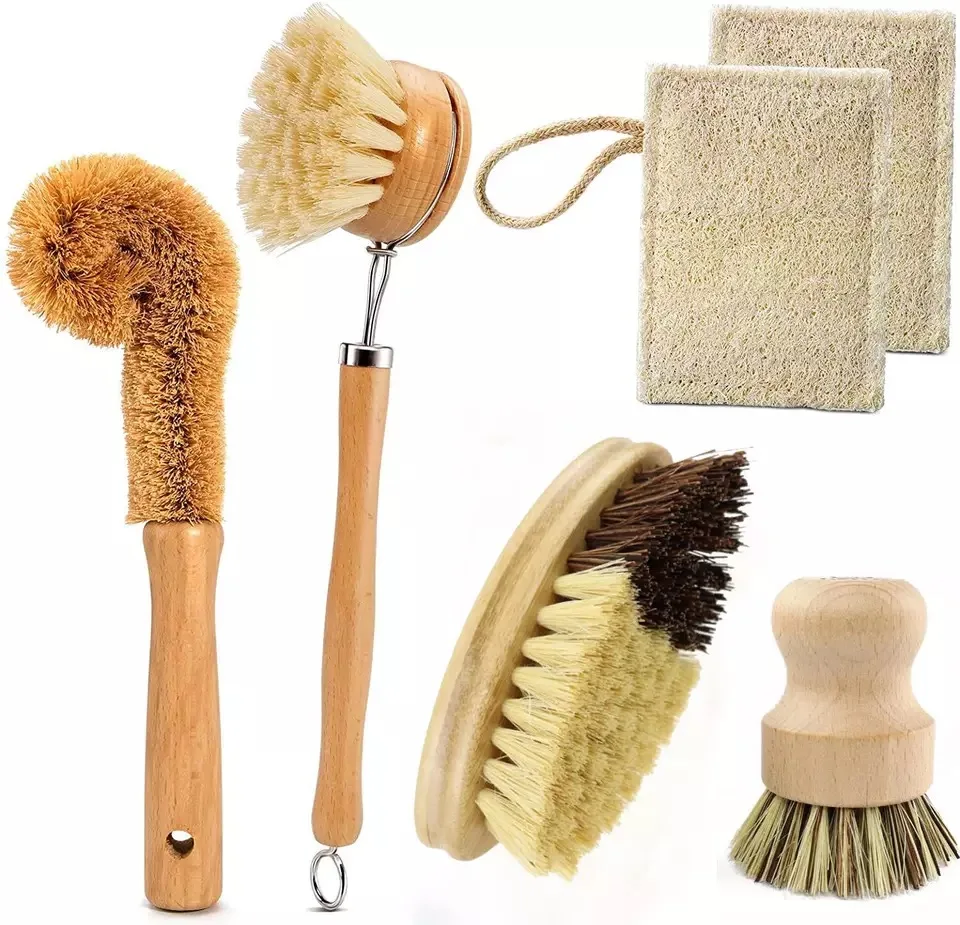 .Zero Waste Eco-friendly Natural Wooden Washing Brush Reusable Sisal Dish Brush Bamboo Dish Brush Set