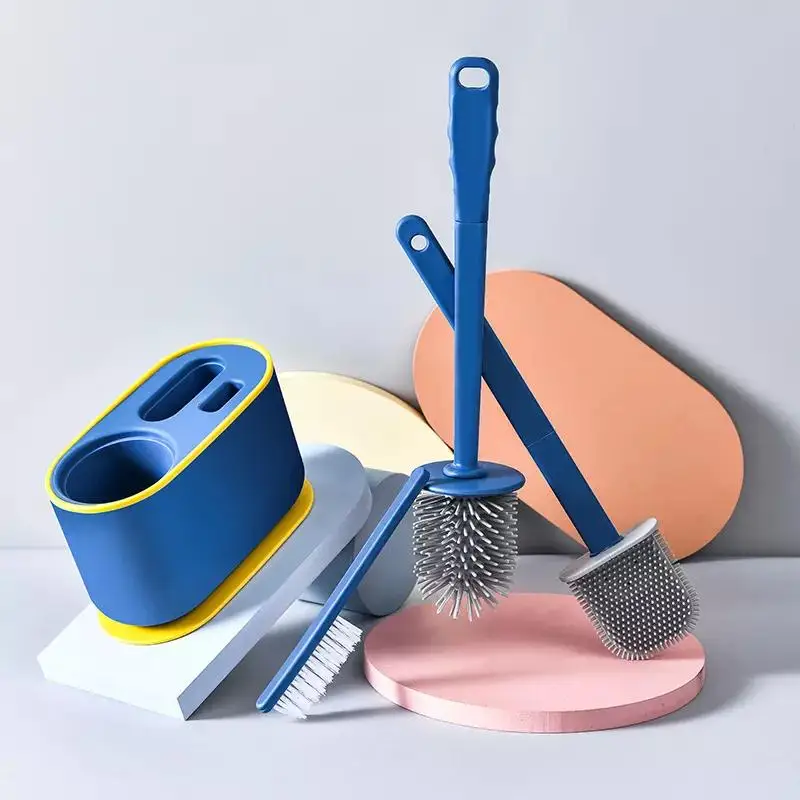 High Quality Flat Head Soft Bristles Silicone Toilet Cleaning Brush With Holder Bathroom Accessory