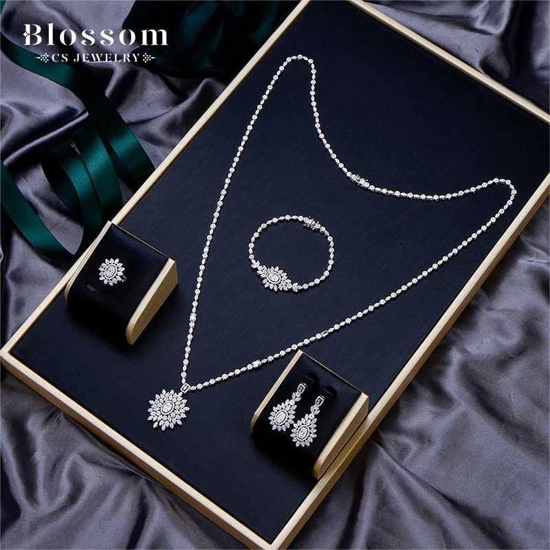 China Wholesale Dubai Ladies Long Chain Necklace Cz White Zircon Precious Stone Women 100% Fine 925 Sterling Silver Jewelry Sets