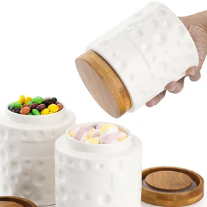 3 Pack Porcelain Food Storage Jars,Ceramic Cookie Small Canister With Bamboo Wood Lid And Label,Coffee Tea Sugar Containers
